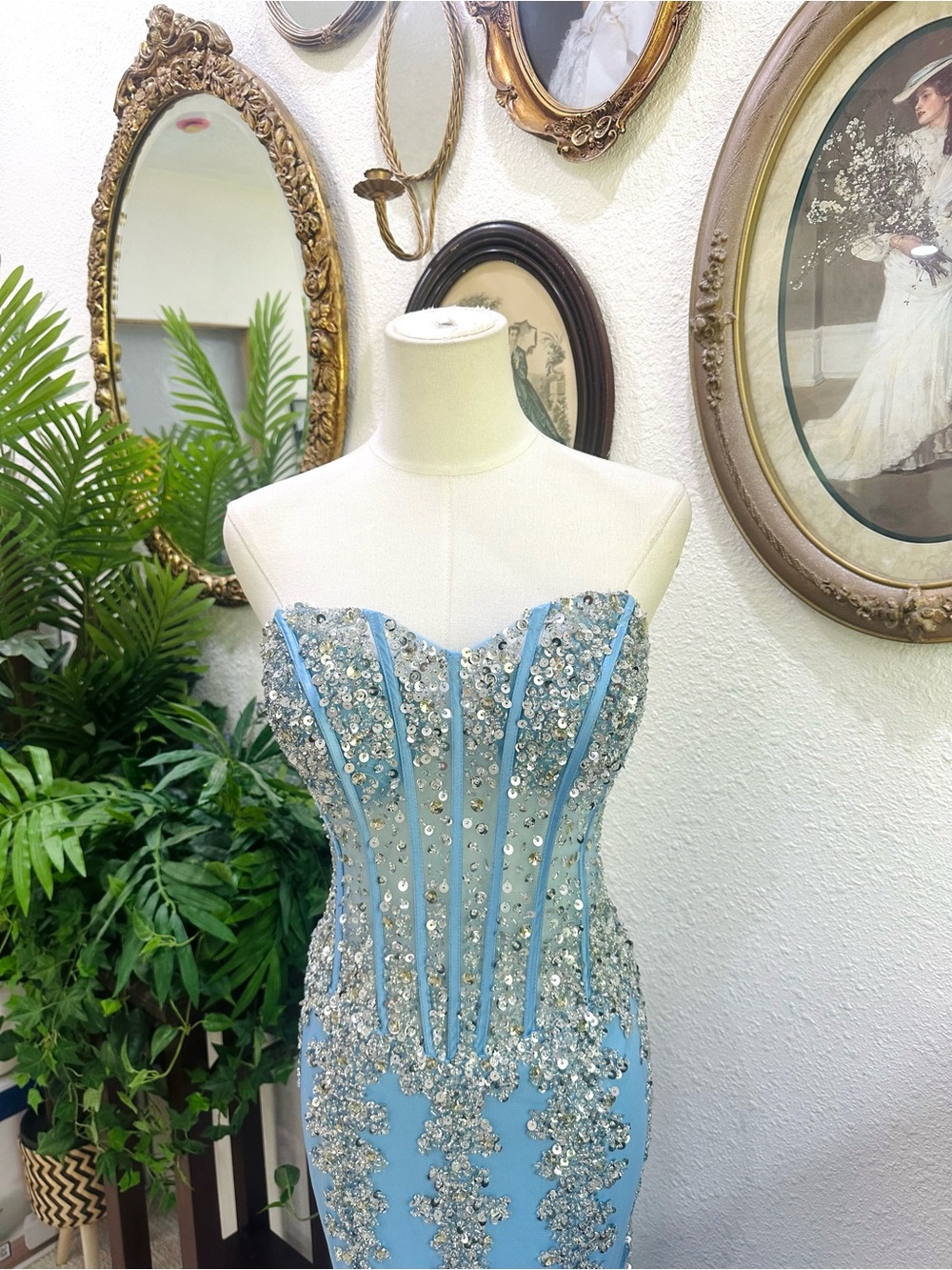 Jovani Light Blue Strapless Beaded Mermaid Gown - Picture 4 of 8